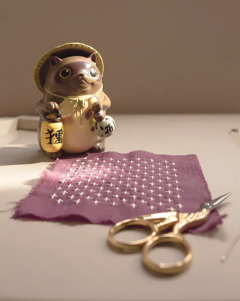 Plum linen hand-stitched with white jūji-zashi cross-stitch sashiko, with embroidery scissors and the Tanuki Studio mascot