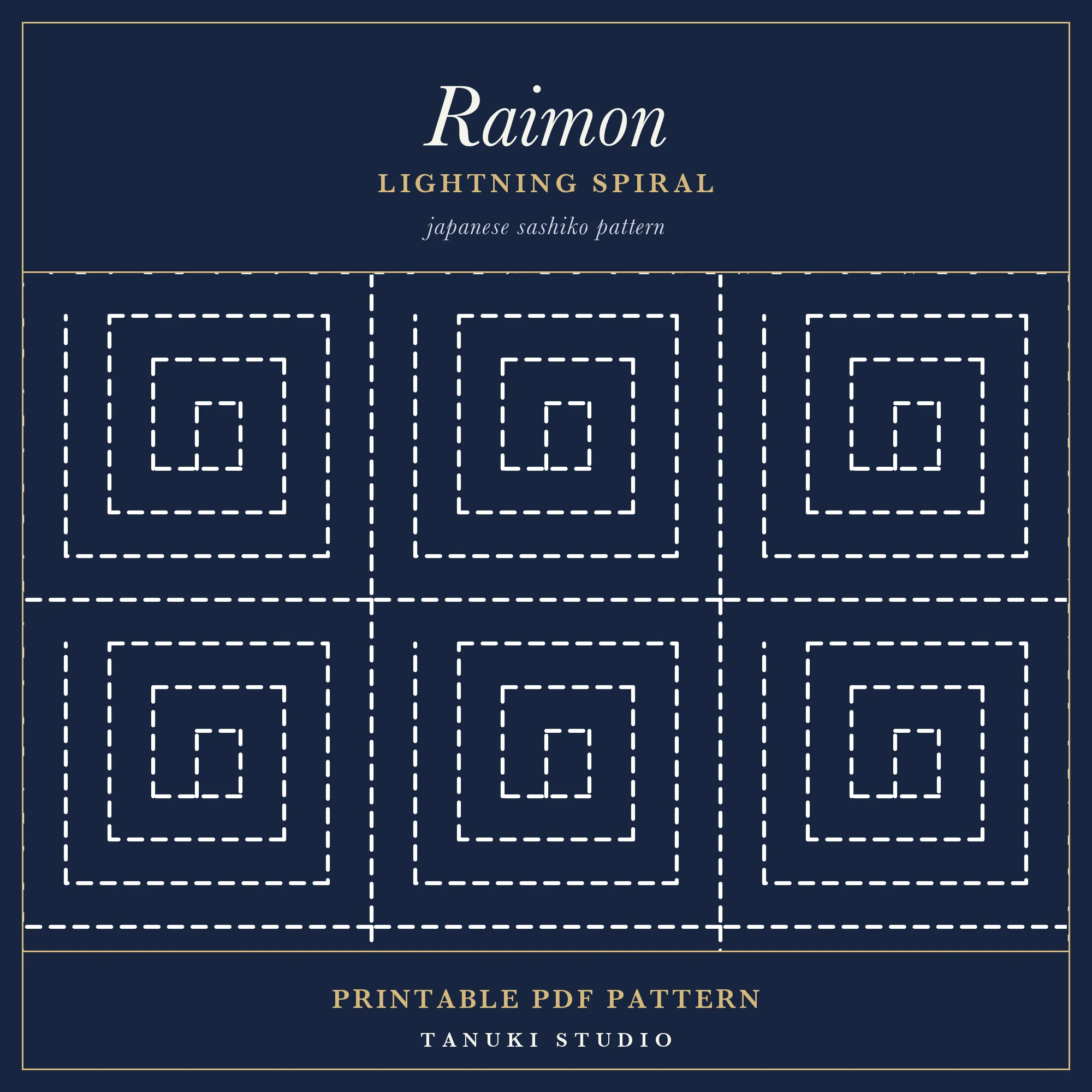 Raimon (lightning spiral) sashiko pattern hand-stitched in blue and teal thread on natural linen