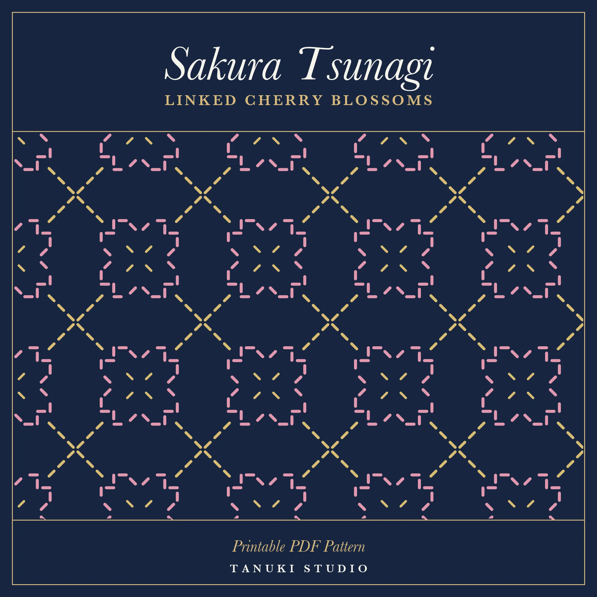 Sakura Tsunagi (Linked Cherry Blossoms) sashiko pattern, printable stitching diagram