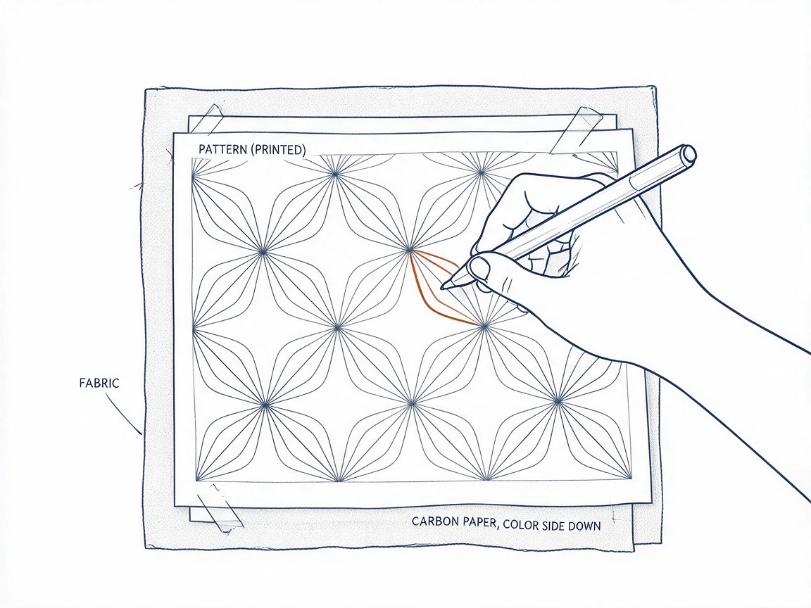 Illustration of dressmaker's carbon paper sandwiched color-side down between fabric and a printed sashiko pattern, with a stylus tracing one motif