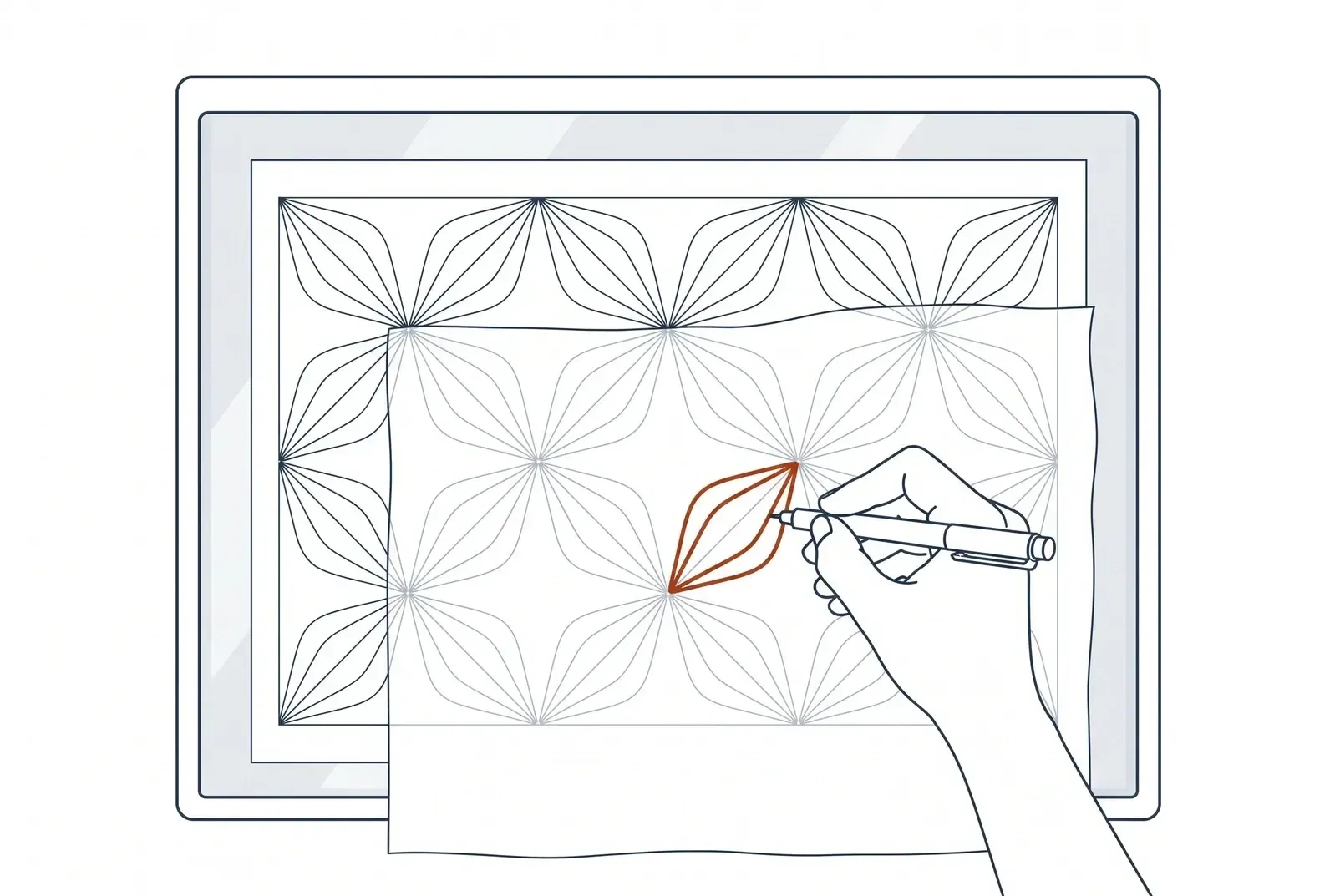 Illustration of a sashiko pattern taped under fabric on a lightbox, being traced with a heat-erasable pen