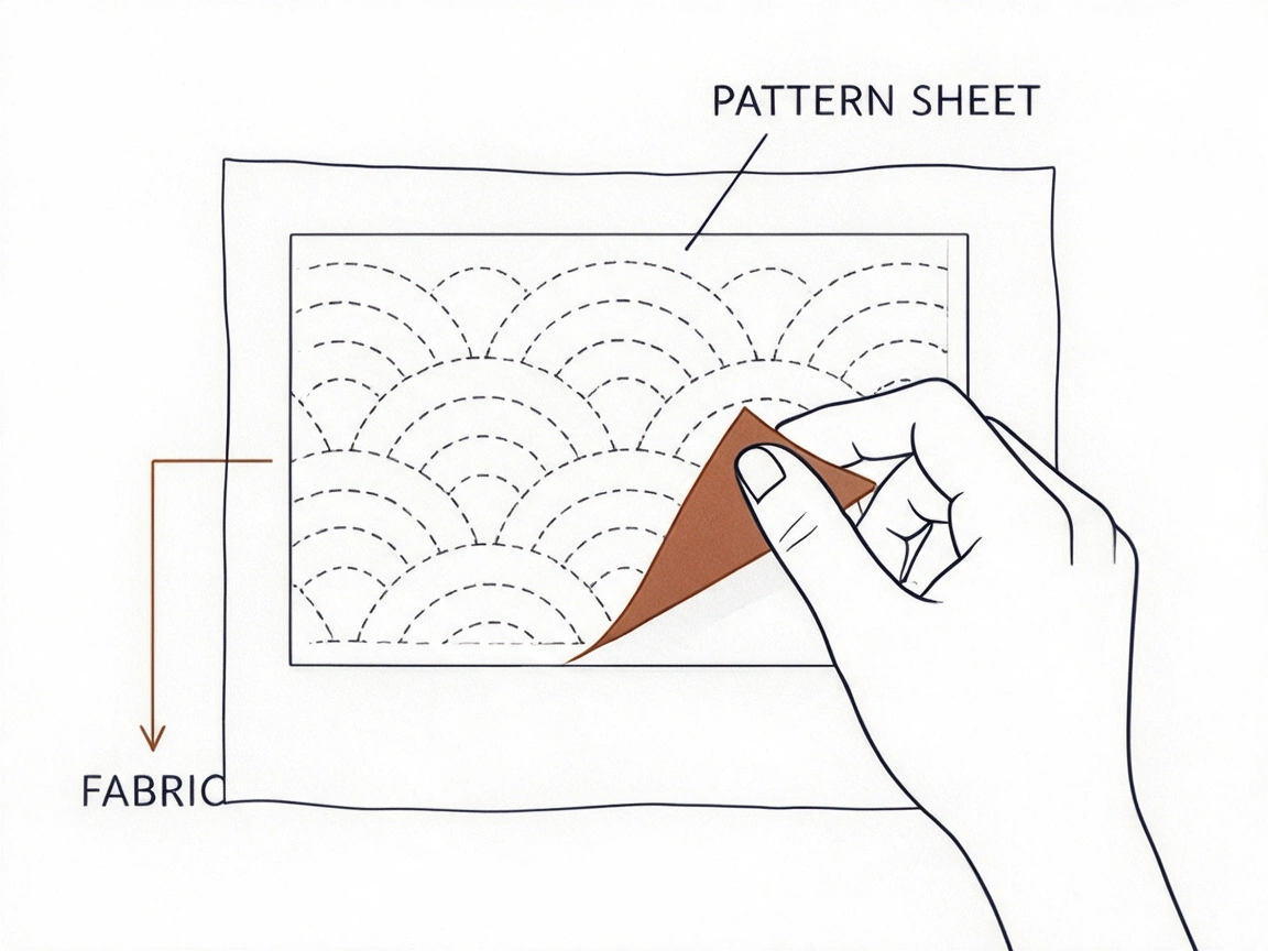 Illustration of a printed water-soluble stabilizer sheet peeling off its backing at one corner, sized smaller than the surrounding fabric, ready to press into place