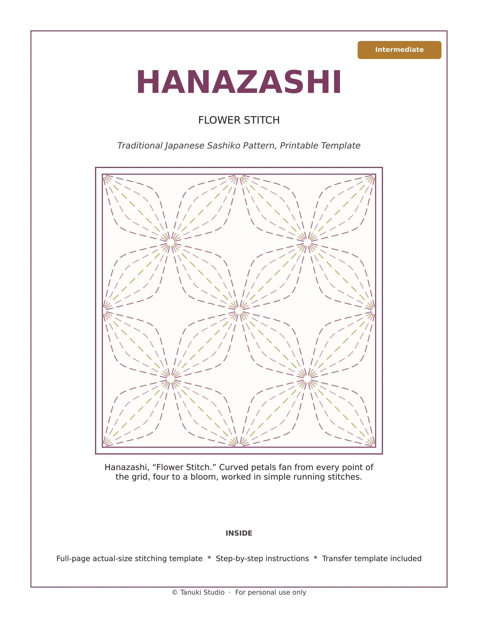 Hanazashi (Flower Stitch) sashiko pattern PDF cover — Intermediate