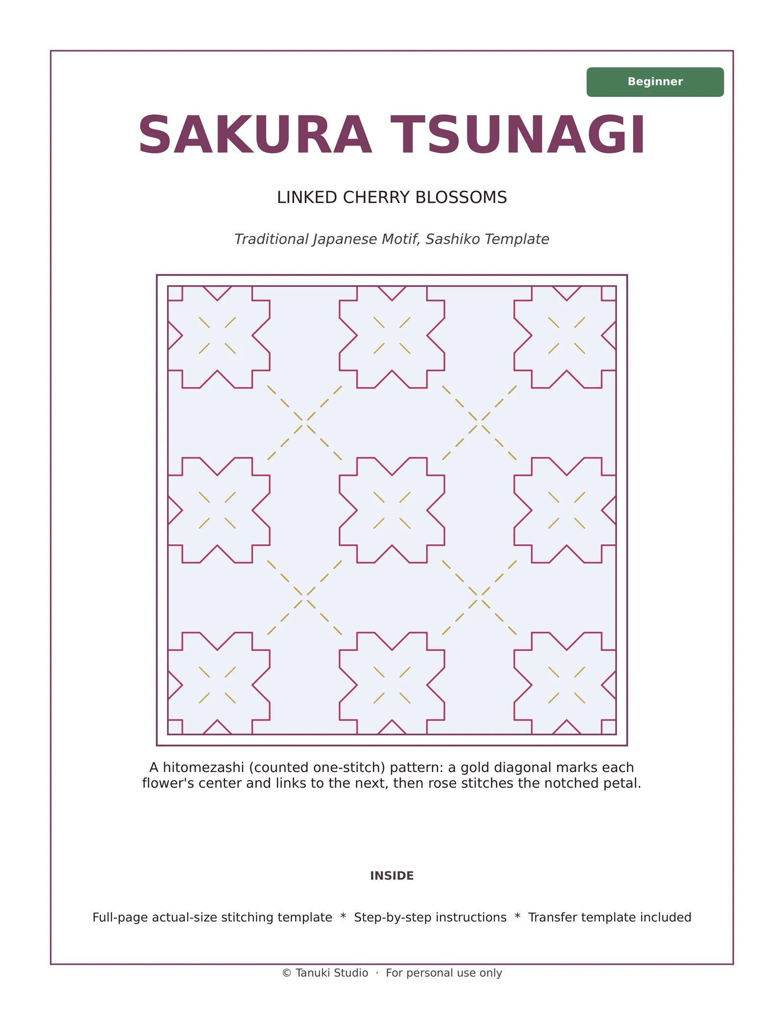 Sakura Tsunagi (Linked Cherry Blossoms) sashiko pattern PDF cover, beginner level