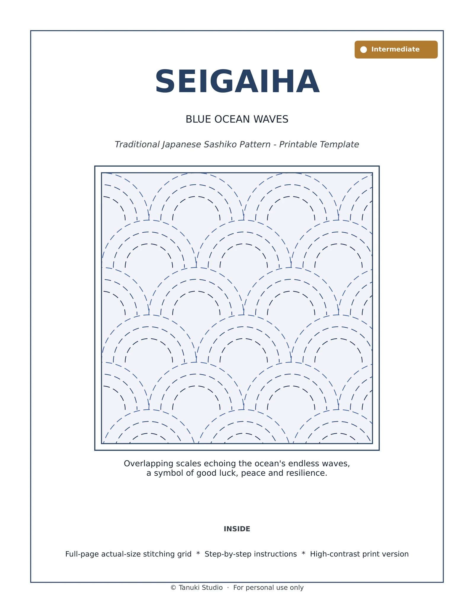 Seigaiha (Blue Ocean Waves) sashiko pattern PDF cover, intermediate level