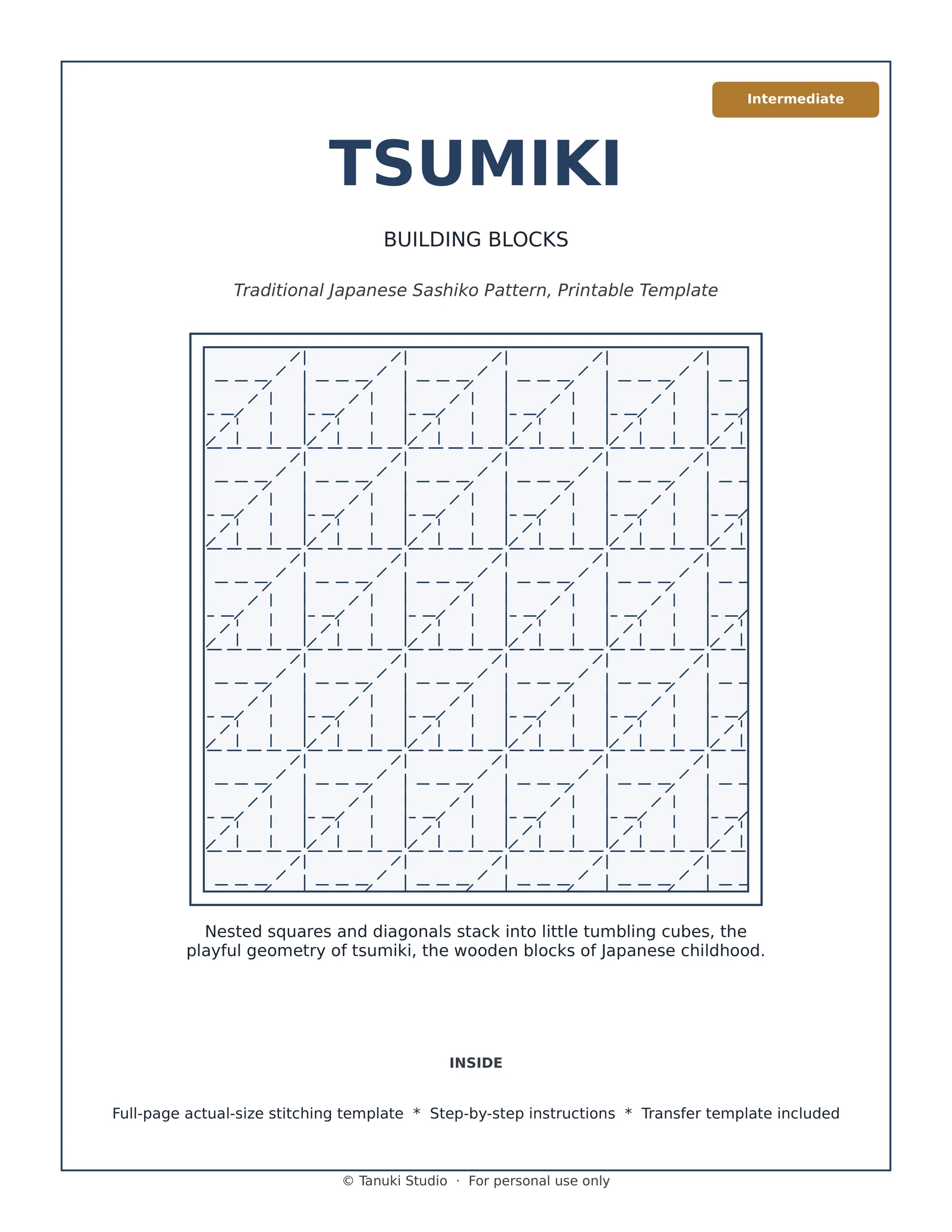 Tsumiki (Building Blocks) sashiko pattern PDF cover, intermediate level
