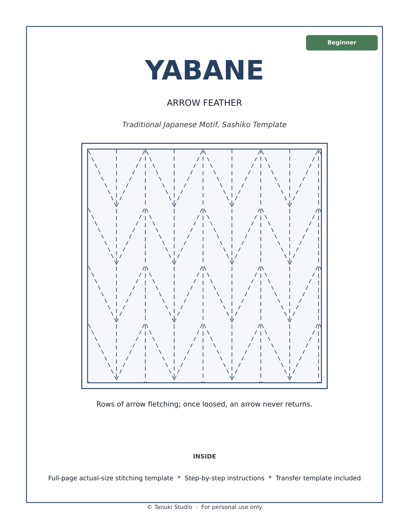 Yabane (Arrow Feather) sashiko pattern PDF cover, beginner level