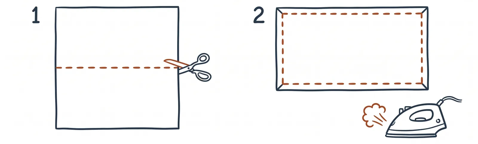Illustration of the fabric being cut in half, then its edges folded under and ironed